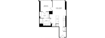 A black and white image of a floor plan for a home with a bedroom, bathroom, living/dining area, and walk-in closet.