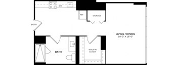 A floor plan of a small apartment with a bathroom, living room, and walk-in closet.