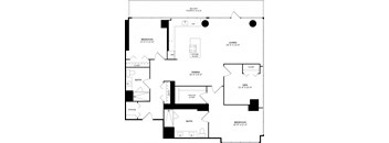 A black and white floor plan of a house with two bedrooms, a living room, a kitchen, a bathroom, a closet, a storage area, and a den.