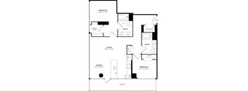 A black and white image of a floor plan for a home with a living room, dining room, two bedrooms, a bathroom, a walk-in closet, and storage.