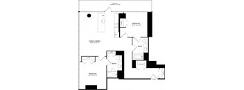 A black and white image of a floor plan for a balcony, living/dining area, and two bedrooms.