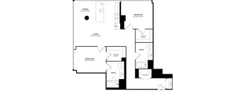 A floor plan of a home with a dining area, two bedrooms, a living room, two bathrooms, a storage area, and an entry point.