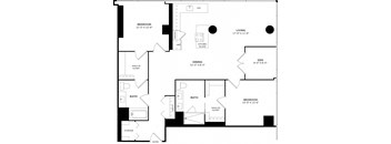 A floor plan of a house with a den, two bedrooms, a living room, a kitchen, two bathrooms, a walk-in closet, and a storage area.