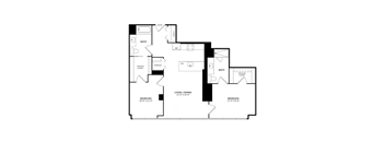 A black and white image of a house floor plan with two bedrooms, a living/dining area, a bathroom, a storage area, and a walk-in closet.