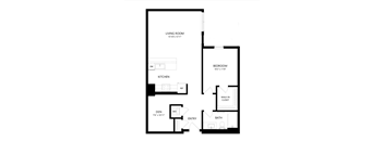 A black and white image of a floor plan for a living room, kitchen, den, and bathroom.