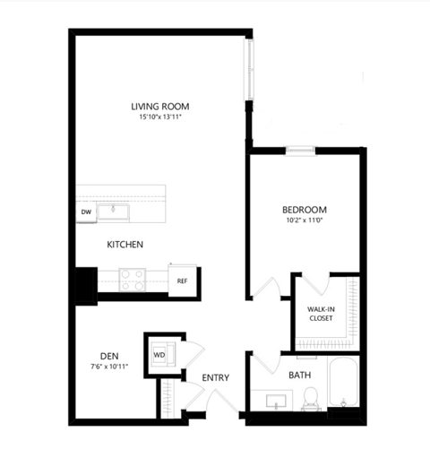 A black and white image of a floor plan for a living room, kitchen, den, and bathroom.