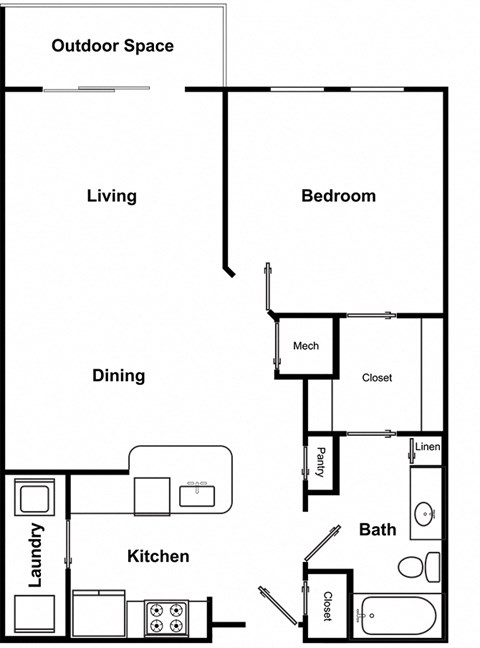 One bedroom One bathroom Floor Plan at The Encore by Windsor, Atlanta