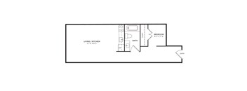 A floor plan of a small apartment with a living/kitchen area, bathroom, and bedroom.