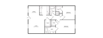 A floor plan of a home with a living room, dining room, kitchen, two bedrooms, and a bathroom.