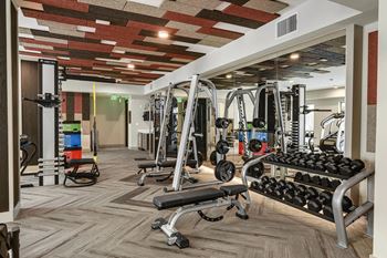 Weights in fitness center at Windsor Preston, Plano, Texas
