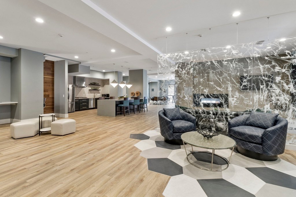 Resident Clubhouse featuring a full kitchen, game lounge, and co-working spaces at The Manhattan Tower and Lofts, Denver, 80202.
