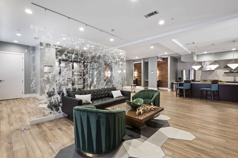 Resident Clubhouse featuring a full kitchen, game lounge, and co-working spaces at Windsor Riverfront Park, Denver, 80202