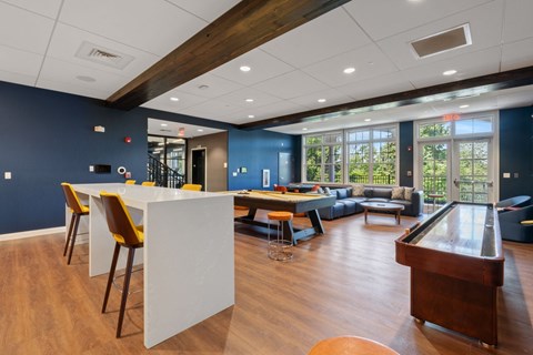 a communal room with a bar and a table with chairs and a pool table
