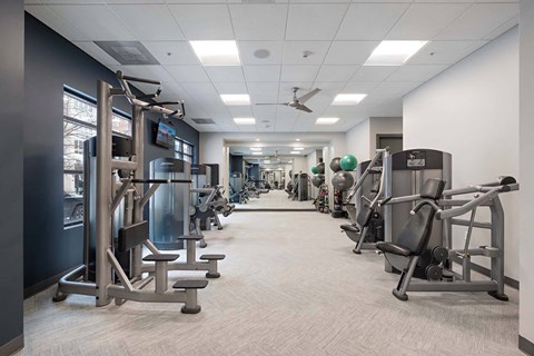 A gym with a variety of equipment including weights and machines at Windsor Riverfront Park, Denver, 80202