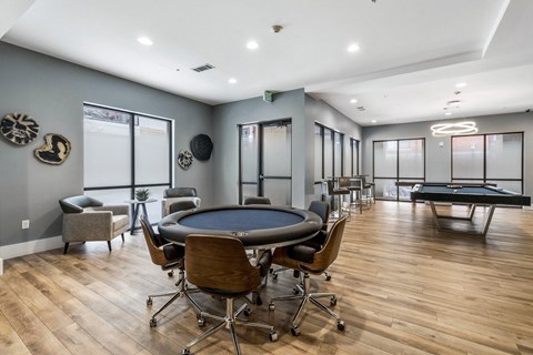 Resident Clubhouse Lounge Game Table at The Manhattan by Windsor, Denver CO 80202 Resident clubhouse game lounge featuring game table at The Manhattan Tower and Lofts, Denver, 80202.