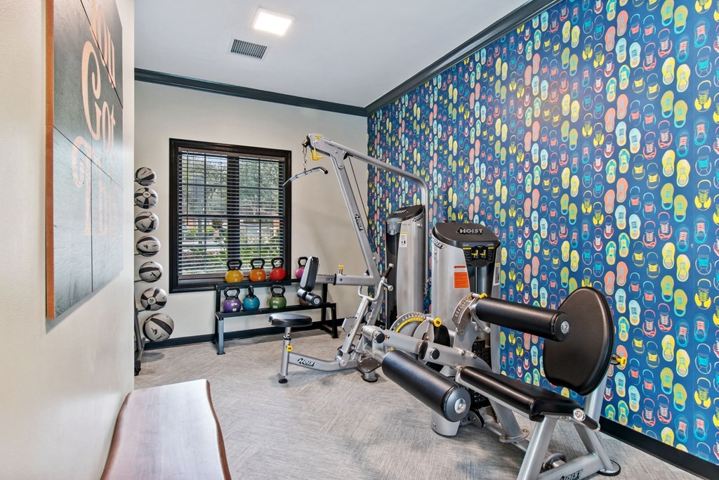 A gym with a wall of circular patterns and a variety of equipment.