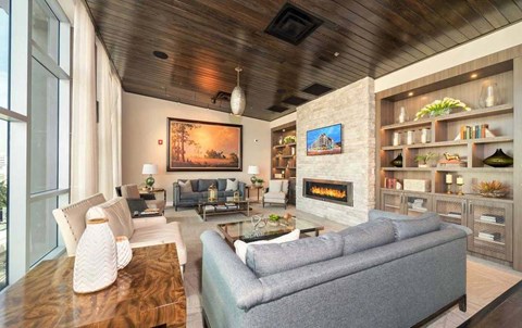 A modern living room with a grey couch and a fireplace.
