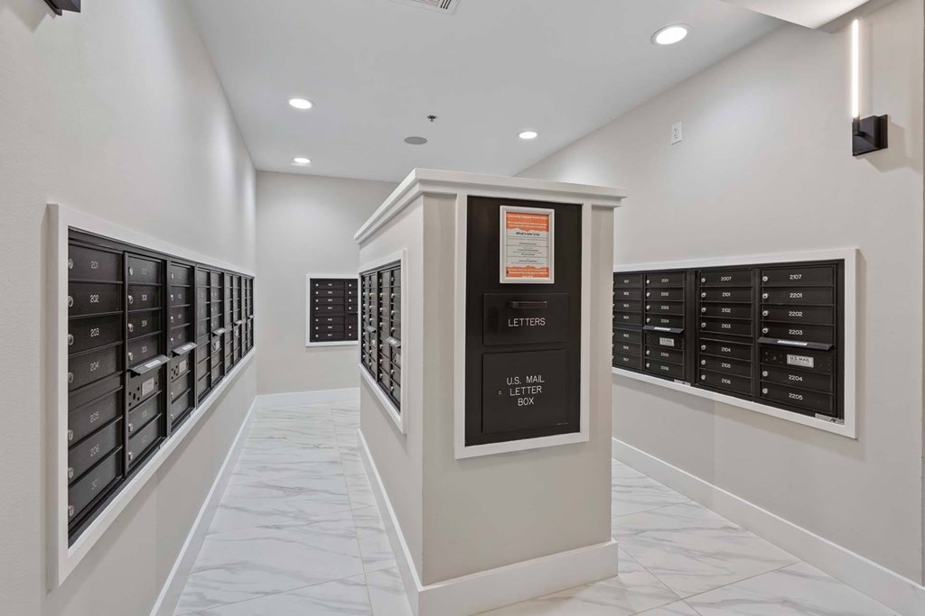 A row of mailboxes are lined up on the wall.