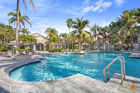 A swimming pool surrounded by palm trees and a clear blue sky at Windsor Coconut Creek, Coconut Creek, 33073.