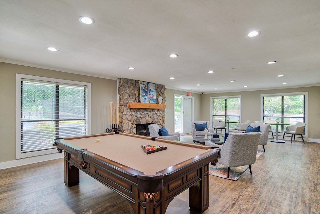 Billiards table and game area Billiards table and entertainment areas in clubroom at Windsor Peachtree Corners, Peachtree Corners, GA