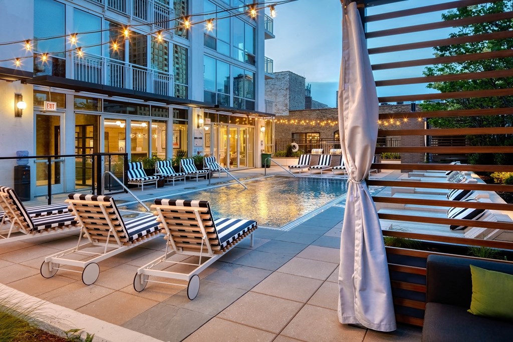 Abundance of Pool Seating at Flair Tower, Chicago, Illinois