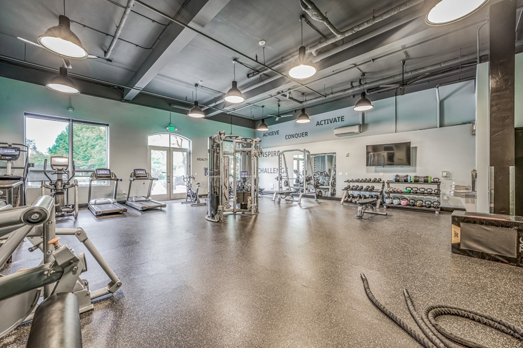 Fitness Center Spacious fitness center with cardio machines and other exercise equipment at Platform 14, Hillsboro, OR