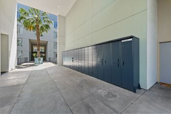 a large blue garage door with a palm tree in the background