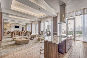 a rendering of a living room with a kitchen and dining area