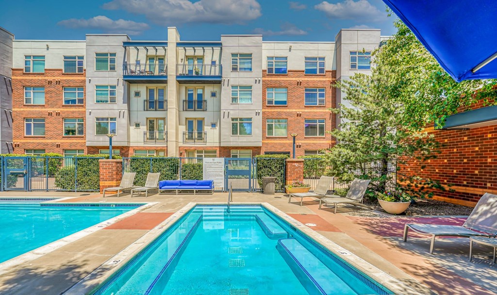 Aswimming pool with lounge chairs and a tree in front of an apartment building at The District, Denver, CO