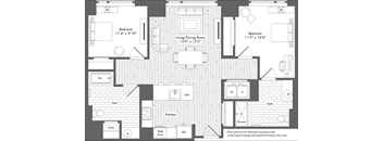 A black and white floor plan of a house with two bedrooms, a living room, a kitchen, a bathroom, a tub, and a laundry area.