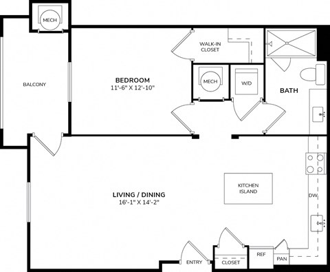 A floor plan of a home with a living area, dining area, kitchen, bathroom, and bedroom.