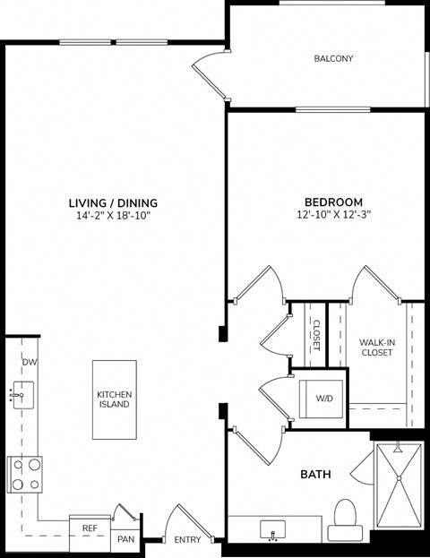 A black and white image of a floor plan for a small apartment.