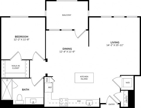 A floor plan of a home with a living room, dining room, bedroom, bathroom, and kitchen island.
