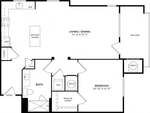 A floor plan of a home with a living room, dining room, kitchen island, bathroom, and bedroom.