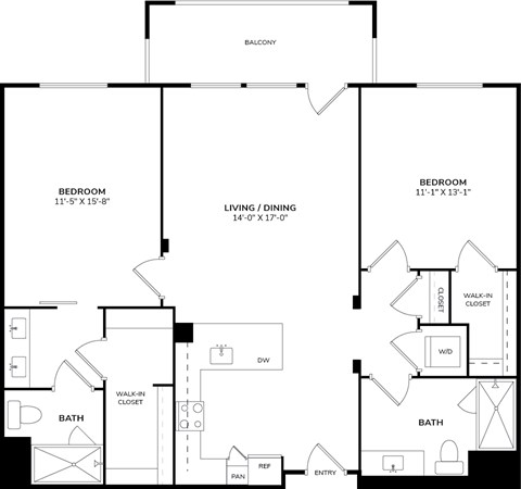A black and white image of a floor plan for a home with a balcony, two bedrooms, a living/dining area, a bathroom, a walk-in closet, a pan, a door, and a reference.