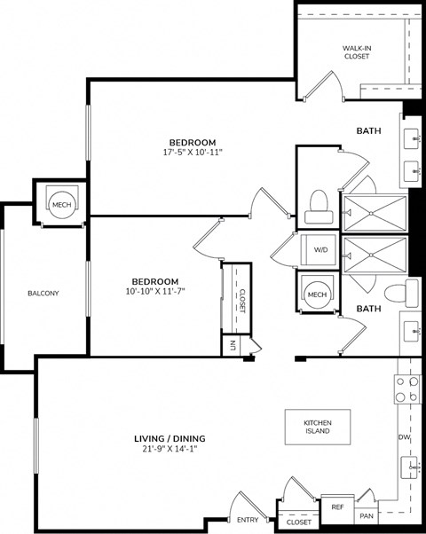 A floor plan of a home with two bedrooms, a living/dining area, a kitchen island, and a bathroom.
