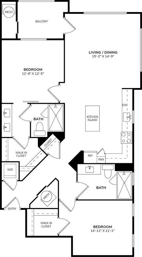 A floor plan of a home with a living area, two bedrooms, a bathroom, a kitchen, a dining area, a walk-in closet, and a garage.