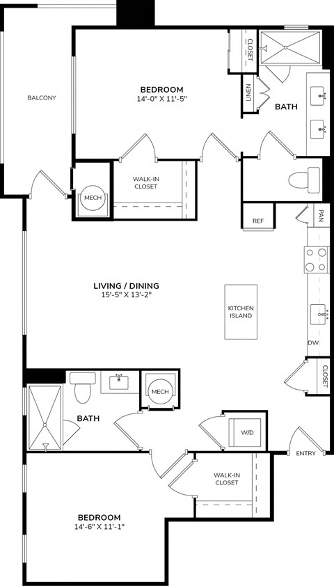 A floor plan of a home with a balcony, two bedrooms, a living/dining area, a kitchen, a bath, a laundry area, and a walk-in closet.