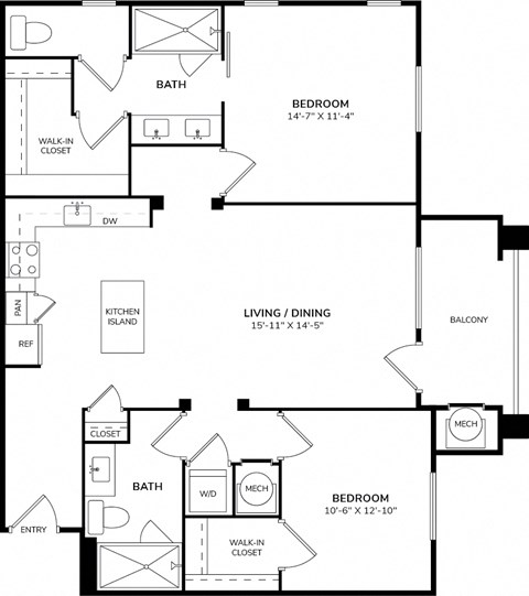 A floor plan of a house with two bedrooms, a living room, a kitchen, a bathroom, and a panic room.