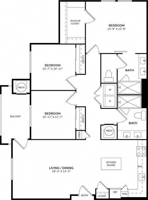 A floor plan of a house with three bedrooms, a living area, a kitchen, a bathroom, and a walk-in closet.