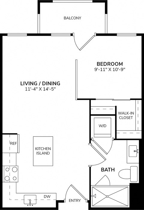 A black and white image of a floor plan for a small apartment.