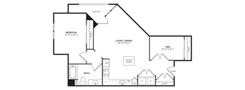 A floor plan of a home with a living room, dining room, kitchen, and bathroom.