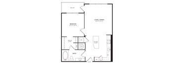 A floor plan of a small apartment with a bedroom, bathroom, kitchen, and living/dining area.