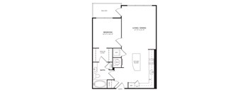 A floor plan of a small apartment with a bedroom, bathroom, kitchen, and living/dining area.