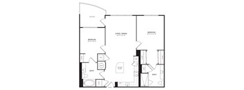 A black and white image of a floor plan for a home with two bedrooms, a living/dining area, a kitchen, a bathroom, a laundry area, and an entry.