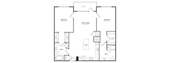 A black and white floor plan of a house with two bedrooms, a living/dining area, a kitchen, a bath, and a balcony.