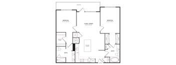A black and white floor plan of a home with two bedrooms, a living area, a kitchen, a bathroom, and a walk-in closet.