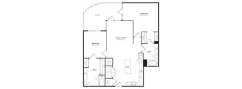 A black and white floor plan of a house with a living room, dining room, kitchen island, and two bedrooms.