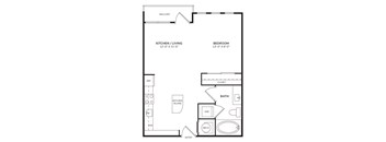 A floor plan of a small apartment with a kitchen, living room, bathroom, and bedroom.