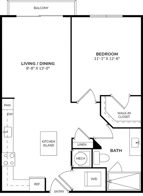 A floor plan of a balcony with a living/dining area and a bedroom.